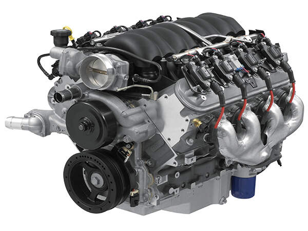 Chevy 5.3L LS V8 engine with coil‑on‑plug ignition, intake manifold, and factory accessories, shown as a popular platform for performance upgrades.