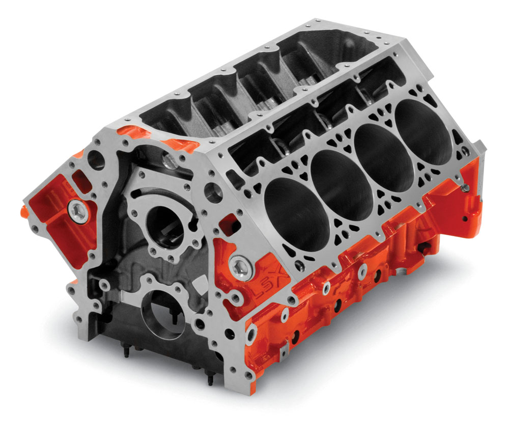 Cutaway LSX engine block showing reinforced cylinders and main webbing, highlighting a strong foundation for high-horsepower street builds.