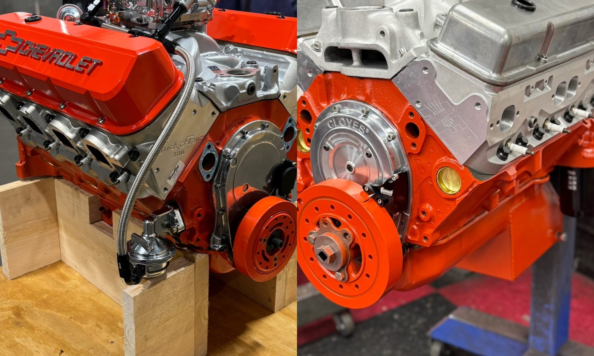 Side‑by‑side bright orange Chevrolet V8 engines on stands, visually comparing small block and big block Chevy architecture for performance builds.
