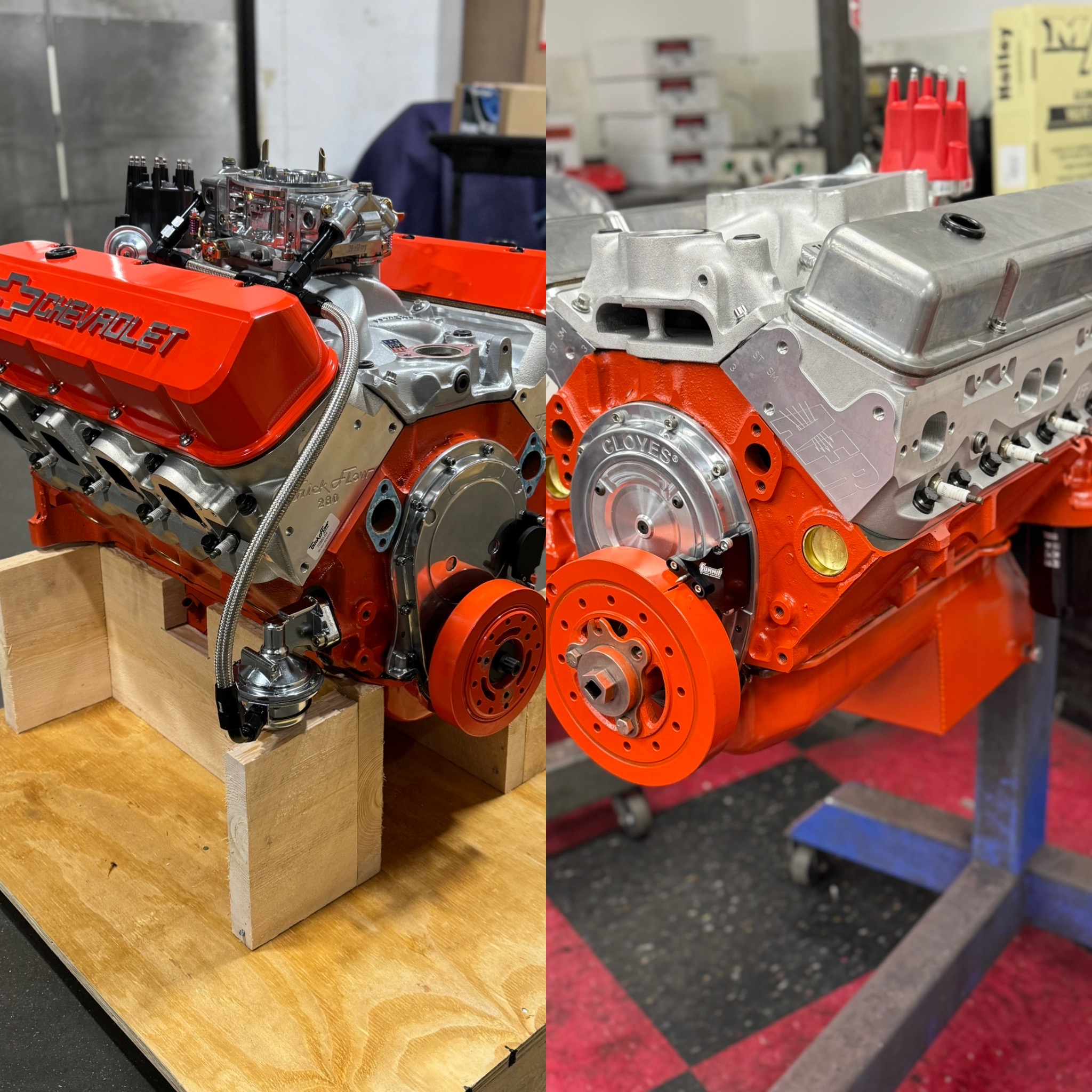 Side‑by‑side bright orange Chevrolet V8 engines on stands, visually comparing small block and big block Chevy architecture for performance builds.
